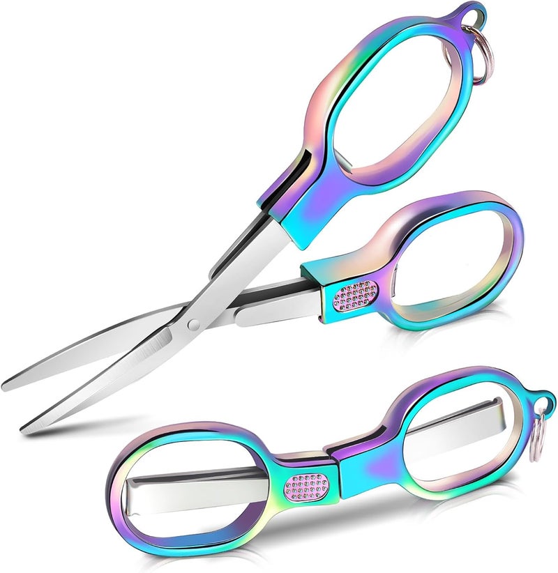 Vicsamer 2PCS Folding Scissors, Color Stainless Steel Portable Travel Scissors, Foldable Pocket Badge Mini Small Scissor with 2 Key Ring, Gift for Men Safety Scissor for Outdoor, Fishing, Sewing, Home, Office - Image 1